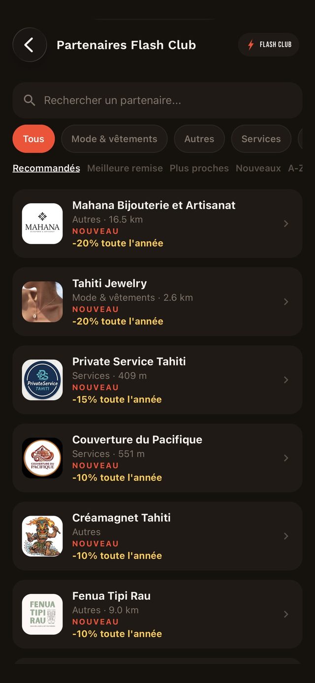 Liste des partenaires Flash Club avec leur avantage Club
